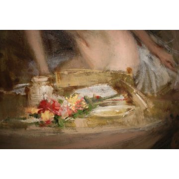 QUADRO DIPINTO OLIO TELA Franco Mazzucchetti NUDO DONNA E NATURA MORTA FIORI 900