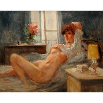 QUADRO DIPINTO OLIO TELA Franco Mazzuchetti NUDO DONNA FIGURA con AMBIENTE '900