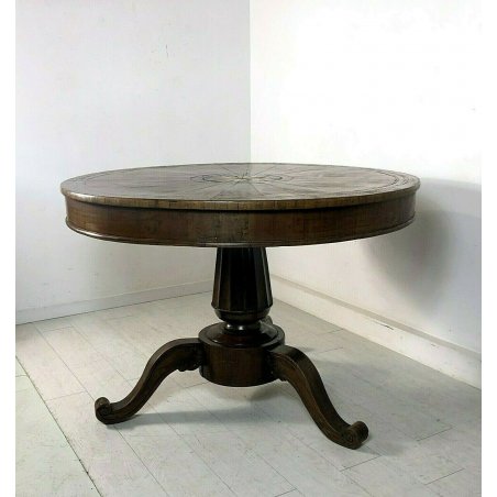 ANTICO TAVOLO ROTONDO LEGNO NOCE IMPERO INTARSIO STELLA EPOCA '800