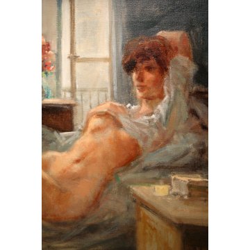 QUADRO DIPINTO OLIO TELA Franco Mazzuchetti NUDO DONNA FIGURA con AMBIENTE '900