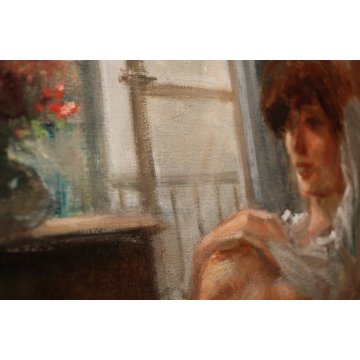 QUADRO DIPINTO OLIO TELA Franco Mazzuchetti NUDO DONNA FIGURA con AMBIENTE '900