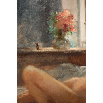 QUADRO DIPINTO OLIO TELA Franco Mazzuchetti NUDO DONNA FIGURA con AMBIENTE '900