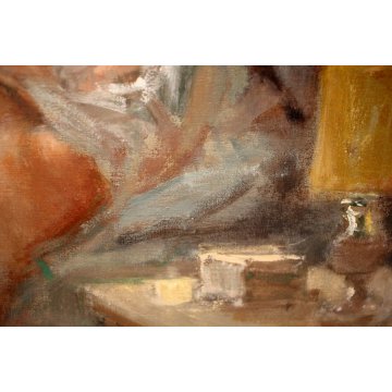 QUADRO DIPINTO OLIO TELA Franco Mazzuchetti NUDO DONNA FIGURA con AMBIENTE '900