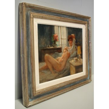 QUADRO DIPINTO OLIO TELA Franco Mazzuchetti NUDO DONNA FIGURA con AMBIENTE '900