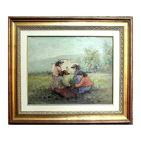 ANTICO QUADRO DIPINTO A. Pecoraro OLIO TELA PAESAGGIO con FANCIULLE FIORI  '900 