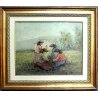 ANTICO QUADRO DIPINTO A. Pecoraro OLIO TELA PAESAGGIO con FANCIULLE FIORI  '900 