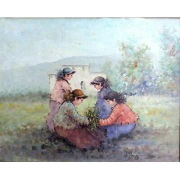 ANTICO QUADRO DIPINTO A. Pecoraro OLIO TELA PAESAGGIO con FANCIULLE FIORI  '900 