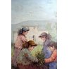 ANTICO QUADRO DIPINTO A. Pecoraro OLIO TELA PAESAGGIO con FANCIULLE FIORI  '900 