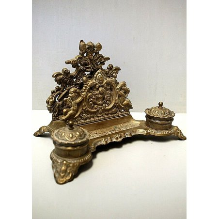 ANTICO GRANDE CALAMAIO DOPPIO OTTONE STILE BAROCCO PORTAPOSTA INKWELL ENCRIER 