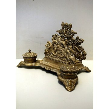 ANTICO GRANDE CALAMAIO DOPPIO OTTONE STILE BAROCCO PORTAPOSTA INKWELL ENCRIER 