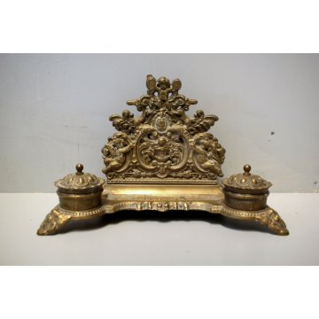 ANTICO GRANDE CALAMAIO DOPPIO OTTONE STILE BAROCCO PORTAPOSTA INKWELL ENCRIER 