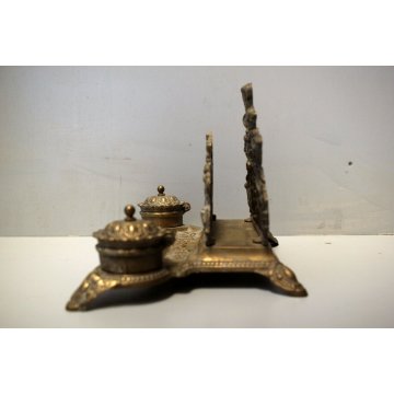ANTICO GRANDE CALAMAIO DOPPIO OTTONE STILE BAROCCO PORTAPOSTA INKWELL ENCRIER 