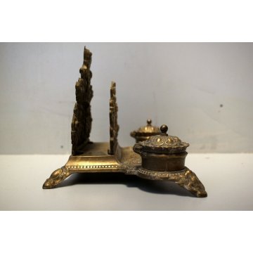 ANTICO GRANDE CALAMAIO DOPPIO OTTONE STILE BAROCCO PORTAPOSTA INKWELL ENCRIER 