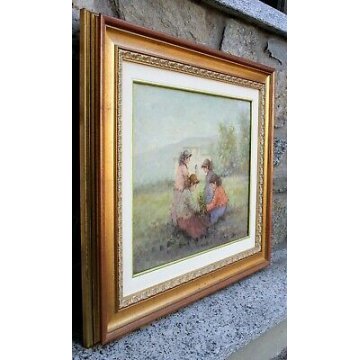 ANTICO QUADRO DIPINTO A. Pecoraro OLIO TELA PAESAGGIO con FANCIULLE FIORI  '900 