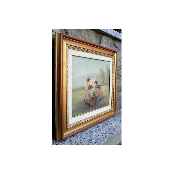 ANTICO QUADRO DIPINTO A. Pecoraro OLIO TELA PAESAGGIO con FANCIULLE FIORI  '900