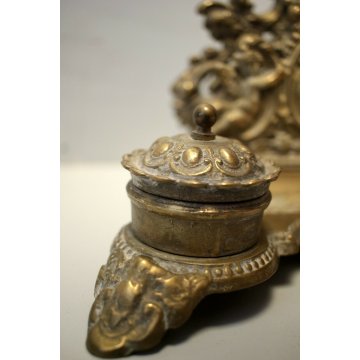 ANTICO GRANDE CALAMAIO DOPPIO OTTONE STILE BAROCCO PORTAPOSTA INKWELL ENCRIER 