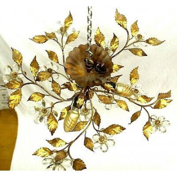 LAMPADARIO DORATO BUOQUET FIORI VETRO MURANO FOGLIE METALLO DESIGN CEILING LAMP 