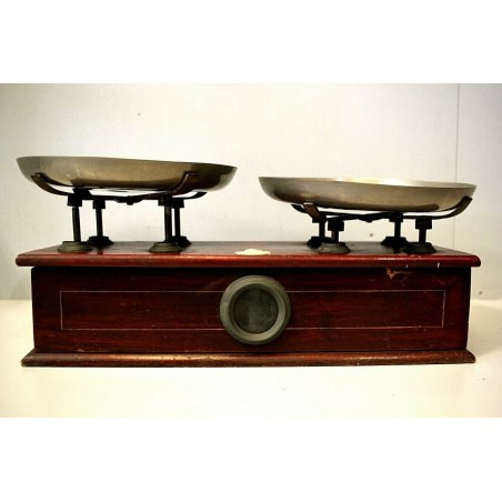 ANTICA BILANCIA 2 PIATTI CUCINA PESA LEGNO OTTONE EPOCA SABAUDA META '800 OLD
