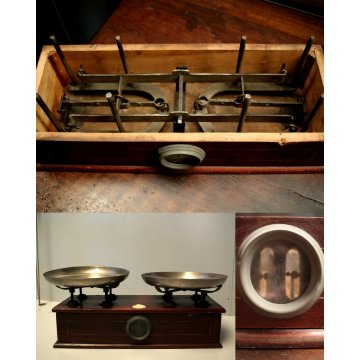 ANTICA BILANCIA 2 PIATTI CUCINA PESA LEGNO OTTONE EPOCA SABAUDA META '800 OLD