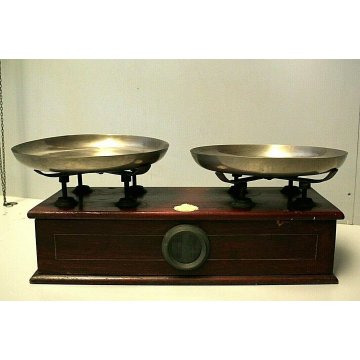 ANTICA BILANCIA 2 PIATTI CUCINA PESA LEGNO OTTONE EPOCA SABAUDA META '800 OLD