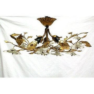 LAMPADARIO DORATO BUOQUET FIORI VETRO MURANO FOGLIE METALLO DESIGN CEILING LAMP 