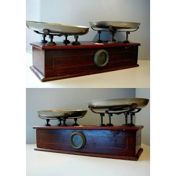 ANTICA BILANCIA 2 PIATTI CUCINA PESA LEGNO OTTONE EPOCA SABAUDA META '800 OLD