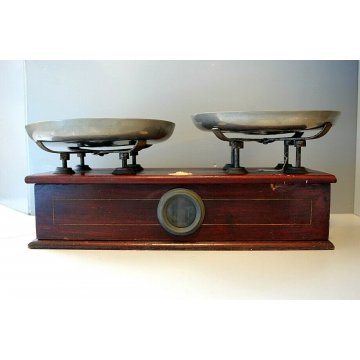 ANTICA BILANCIA 2 PIATTI CUCINA PESA LEGNO OTTONE EPOCA SABAUDA META '800 OLD