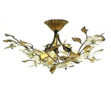 LAMPADARIO DORATO BUOQUET FIORI VETRO MURANO FOGLIE METALLO DESIGN CEILING LAMP 