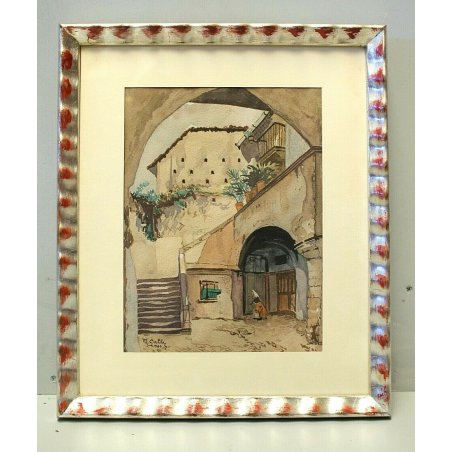 PICCOLO QUADRO M.Galli '60 DISEGNO ACQUERELLO SCORCIO ANTICO BORGO PORTICO SCALE