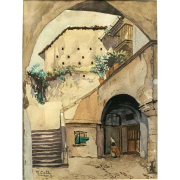 PICCOLO QUADRO M.Galli '60 DISEGNO ACQUERELLO SCORCIO ANTICO BORGO PORTICO SCALE