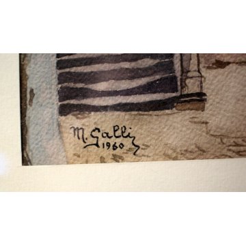 PICCOLO QUADRO M.Galli '60 DISEGNO ACQUERELLO SCORCIO ANTICO BORGO PORTICO SCALE