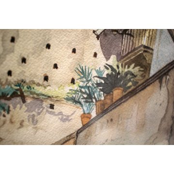 PICCOLO QUADRO M.Galli '60 DISEGNO ACQUERELLO SCORCIO ANTICO BORGO PORTICO SCALE