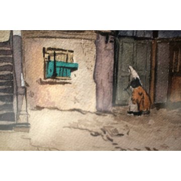 PICCOLO QUADRO M.Galli '60 DISEGNO ACQUERELLO SCORCIO ANTICO BORGO PORTICO SCALE