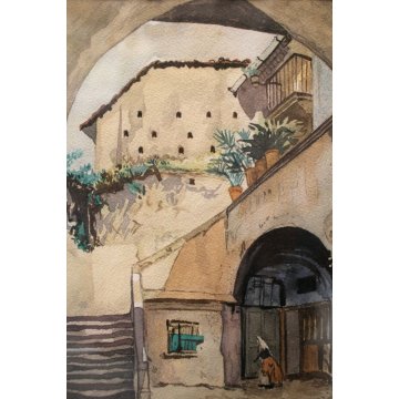 PICCOLO QUADRO M.Galli '60 DISEGNO ACQUERELLO SCORCIO ANTICO BORGO PORTICO SCALE