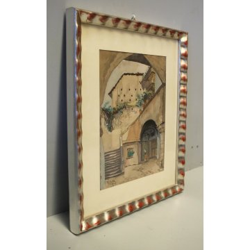 PICCOLO QUADRO M.Galli '60 DISEGNO ACQUERELLO SCORCIO ANTICO BORGO PORTICO SCALE