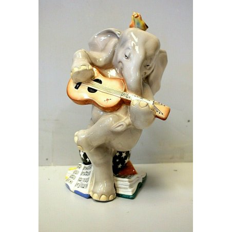 FIGURA CERAMICA CIA Manna ELEFANTE MUSICISTA SU VASO STELLATO CON CHITARRA 1930 