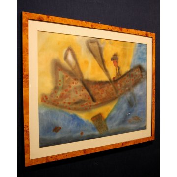 GRANDE QUADRO ACQUERELLO ASTRATTO Rita Gallé NAVIGATORE TAPPETO VOLANTE 1989 