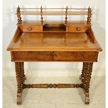 ANTICA SCRIVANIA GAMBE ROCCHETTO 1800 SCRITTOIO TABLE 3 CASSETTI LEGNO NOCE OLD