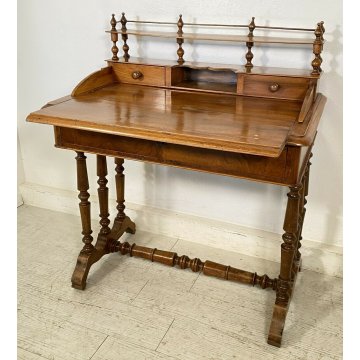 ANTICA SCRIVANIA GAMBE ROCCHETTO 1800 SCRITTOIO TABLE 3 CASSETTI LEGNO NOCE OLD