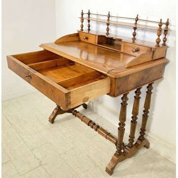 ANTICA SCRIVANIA GAMBE ROCCHETTO 1800 SCRITTOIO TABLE 3 CASSETTI LEGNO NOCE OLD