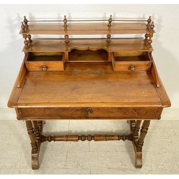 ANTICA SCRIVANIA GAMBE ROCCHETTO 1800 SCRITTOIO TABLE 3 CASSETTI LEGNO NOCE OLD