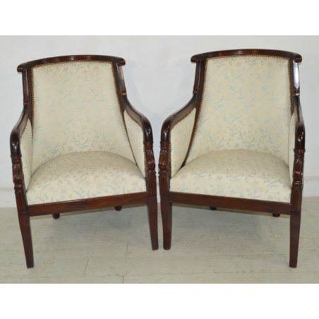 ANTICA COPPIA POLTRONA imbottita IMPERO epoca 1800 inglese POLTRONCINE MOGANO