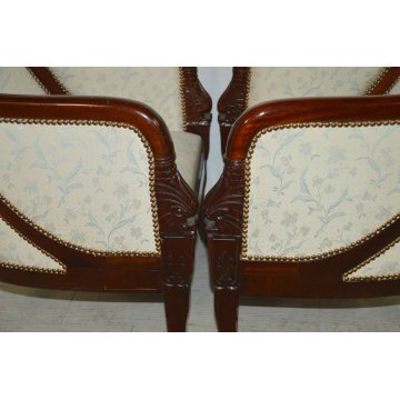 ANTICA COPPIA POLTRONA imbottita IMPERO epoca 1800 inglese POLTRONCINE MOGANO