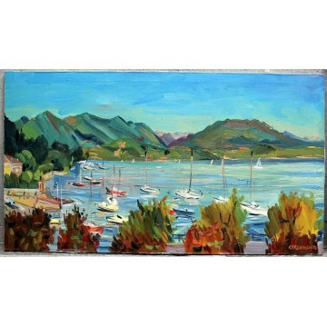 GRANDE DIPINTO OLIO TELA Carlo Monti PAESAGGIO VEDUTA LUNGO LAGO LESA EPOCA '900