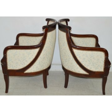 ANTICA COPPIA POLTRONA imbottita IMPERO epoca 1800 inglese POLTRONCINE MOGANO