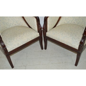 ANTICA COPPIA POLTRONA imbottita IMPERO epoca 1800 inglese POLTRONCINE MOGANO