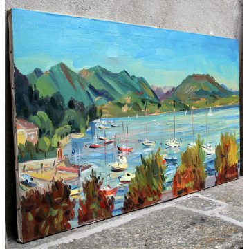 GRANDE DIPINTO OLIO TELA Carlo Monti PAESAGGIO VEDUTA LUNGO LAGO LESA EPOCA '900