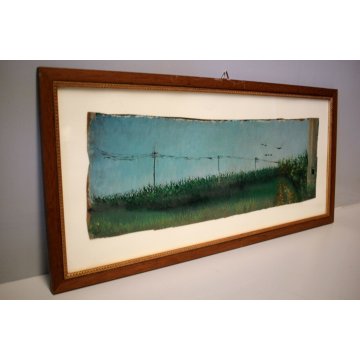 QUADRO RITAGLIO di DIPINTO OLIO TELA PAESAGGIO CAMPAGNA GRANO CAMPI COLTIVATI 