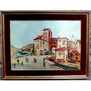 GRANDE QUADRO OLIO TELA Cassani Paolo VEDUTA ANTICO BORGO CUPOLA CANALE BARCHE