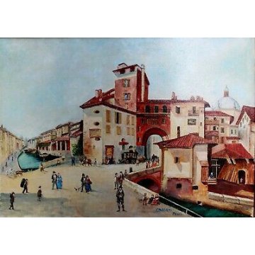 GRANDE QUADRO OLIO TELA Cassani Paolo VEDUTA ANTICO BORGO CUPOLA CANALE BARCHE